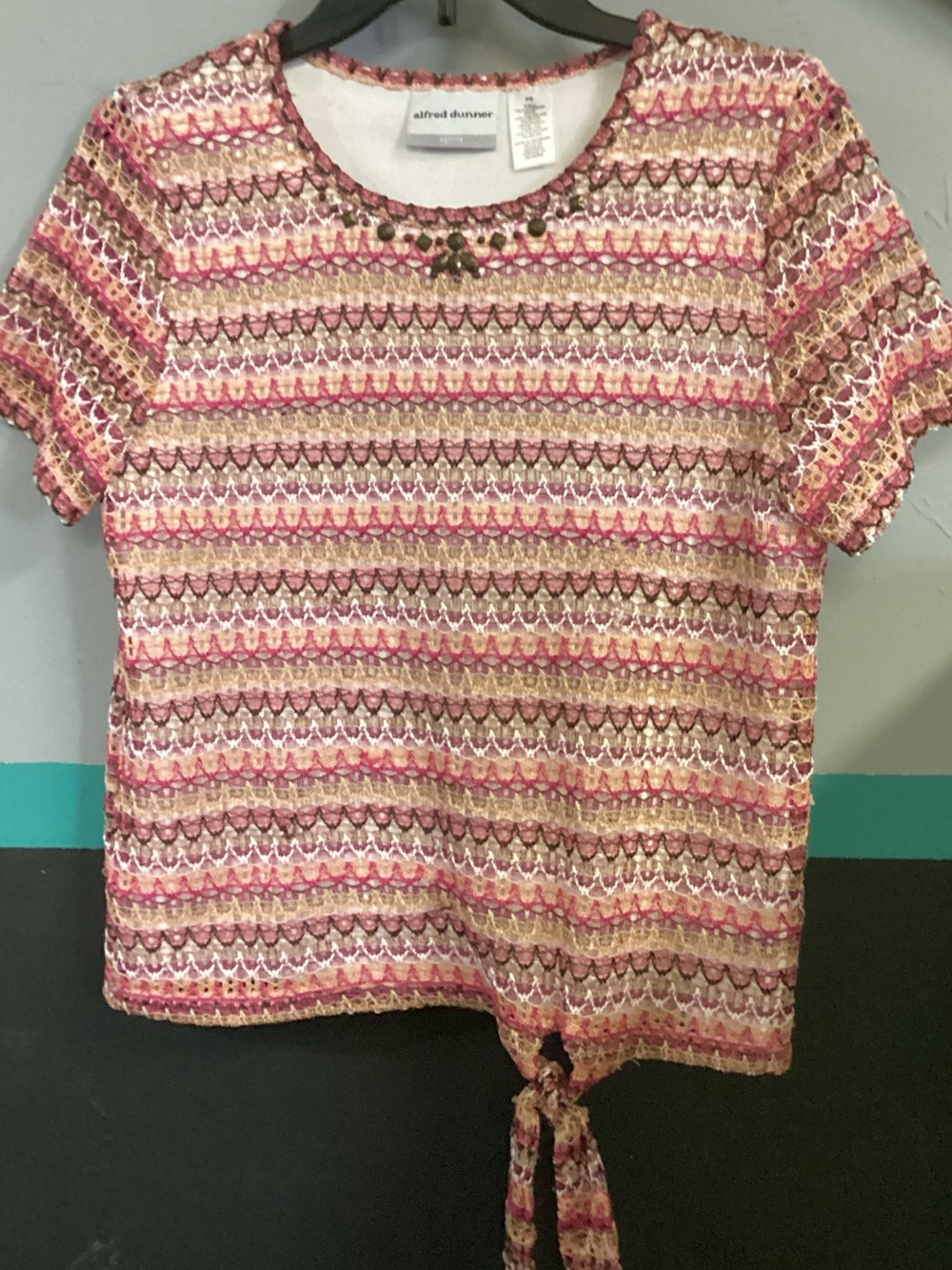 Alfred Dunner Pink Multicolor Short-Sleeve Knit Tie-Front Top with Beaded Neck